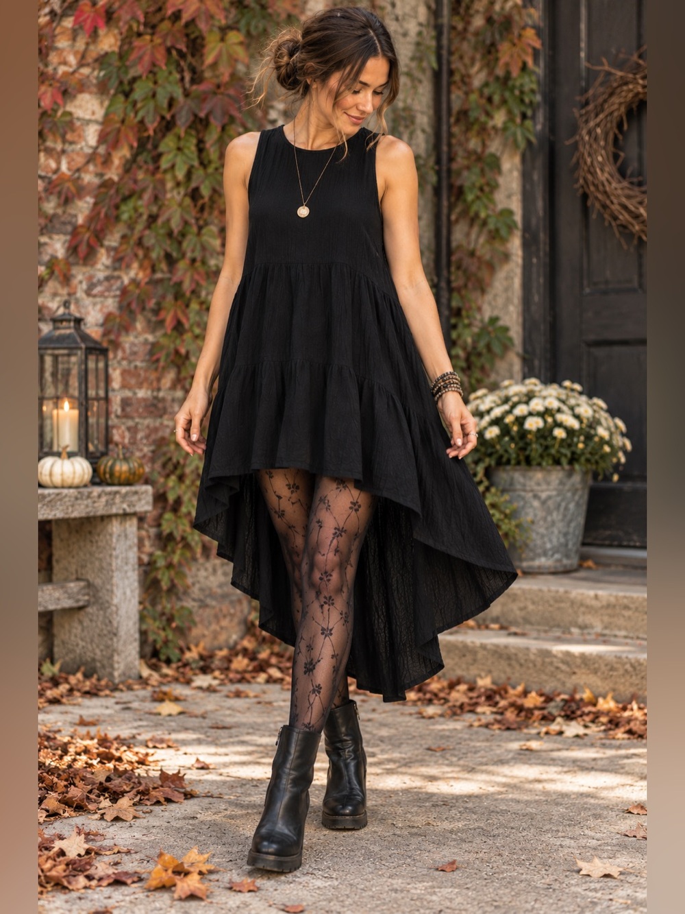 Fantastic Fawn Black High Low Tiered Dress Large Tie Back Boho Lagenlook Flowy
